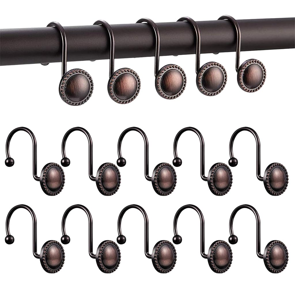 HASTHIP Shower Curtain Hooks 12pcs for Bathroom with Rust Resistant Metal | Vintage Brown Zinc Alloy Design