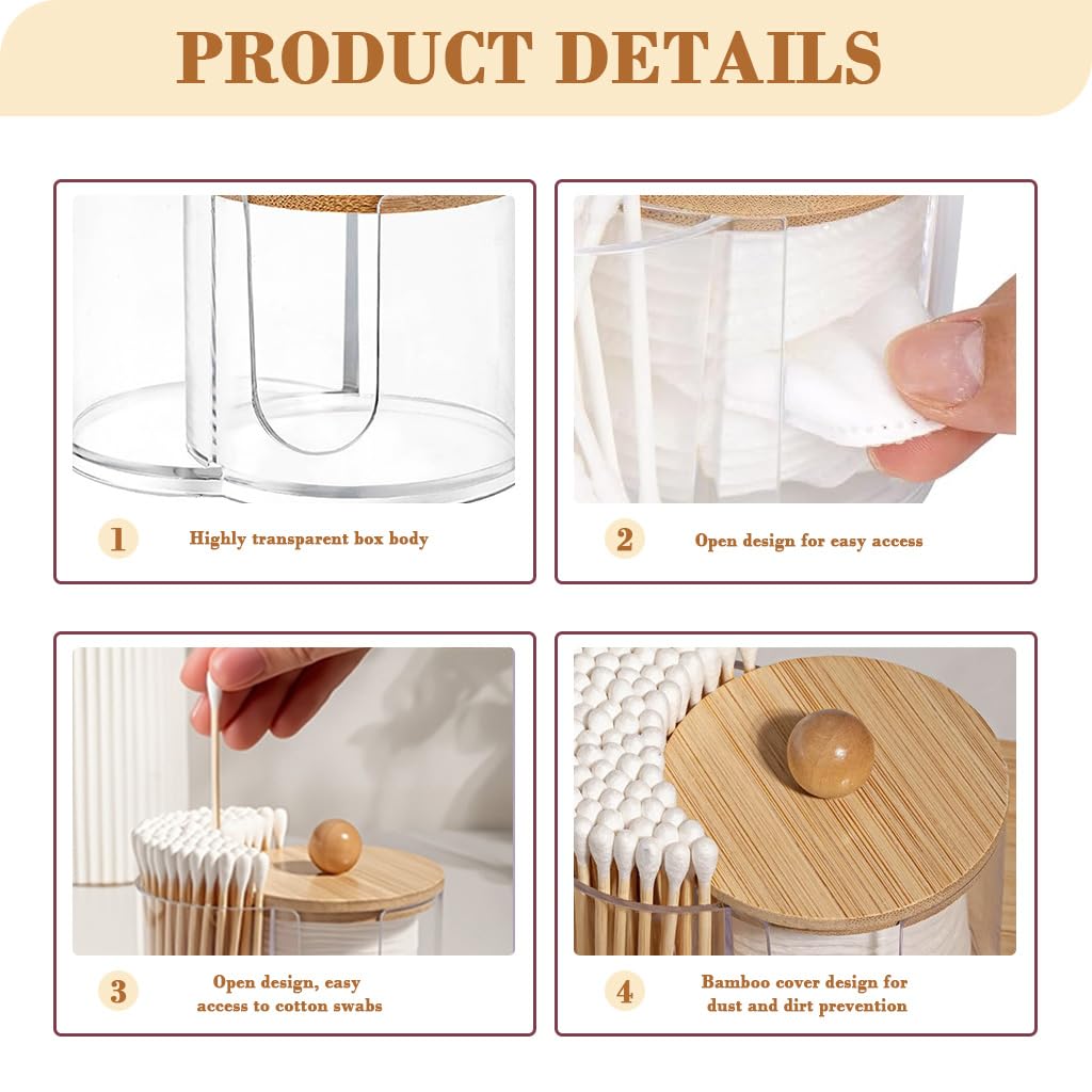 HASTHIP Cotton Swab Holder for Bathroom and Vanity featuring 2 in 1 Clear Organizer Box with Wooden Lid