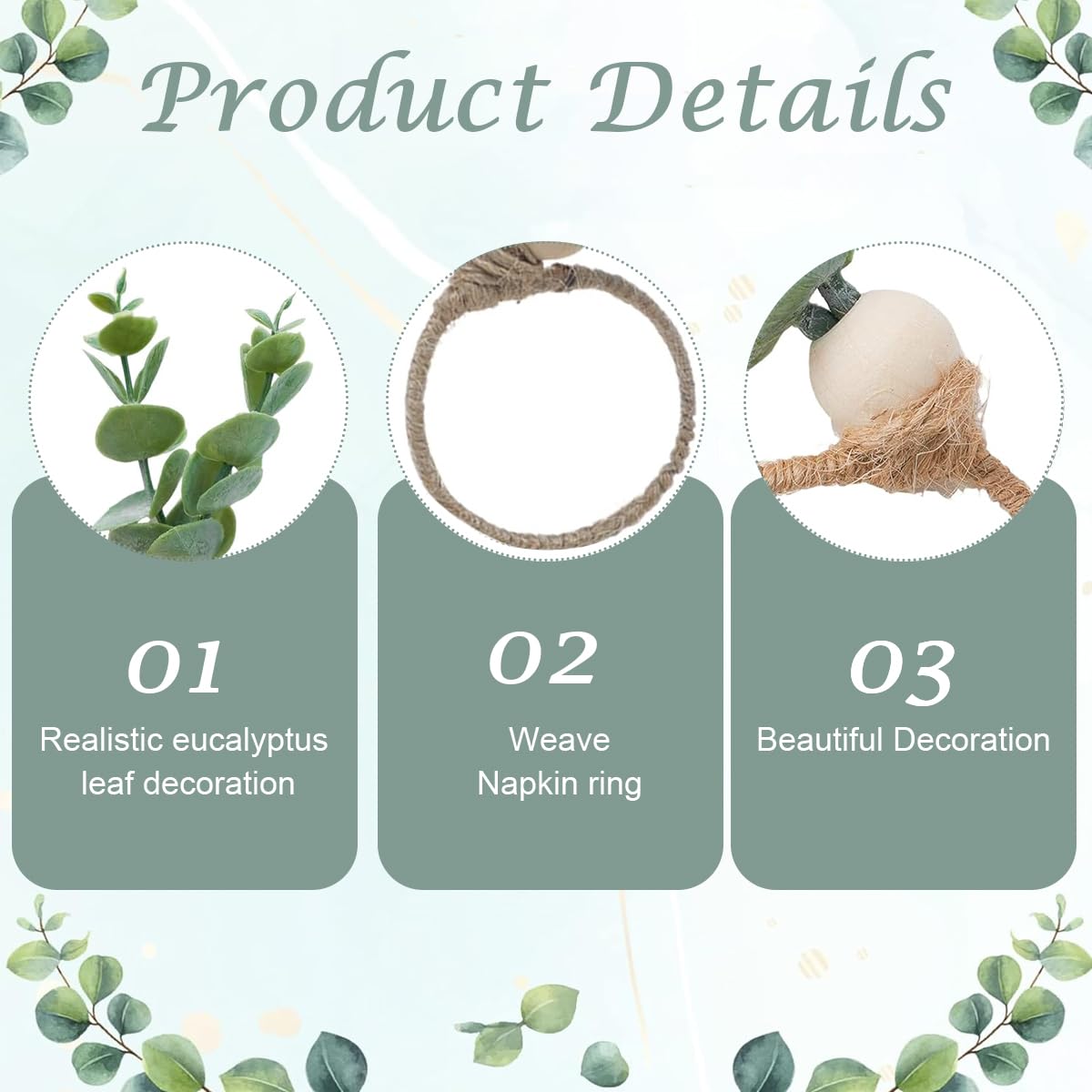 HASTHIP Napkin Rings for Weddings and Christmas featuring Eucalyptus Leaf and Hemp Rope | 6Pcs Rustic Table Holders