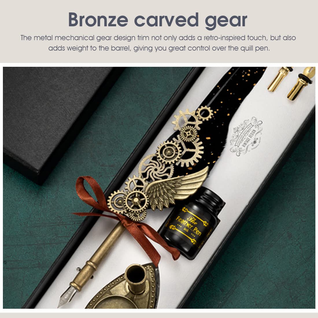 HASTHIP Feather Ink Pen Set for Calligraphy with 20 ml Black Ink & Steampunk Gear Design | Artistic Gift