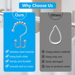 Bathroom Curtain Hooks,Stainless Steel Hook for Curtains,Rust-Resistant Metal Double Hooks Curtain Rings,Rolling Shower Curtain Hooks for Bathroom Shower Curtain Rods Curtains, Set of 10