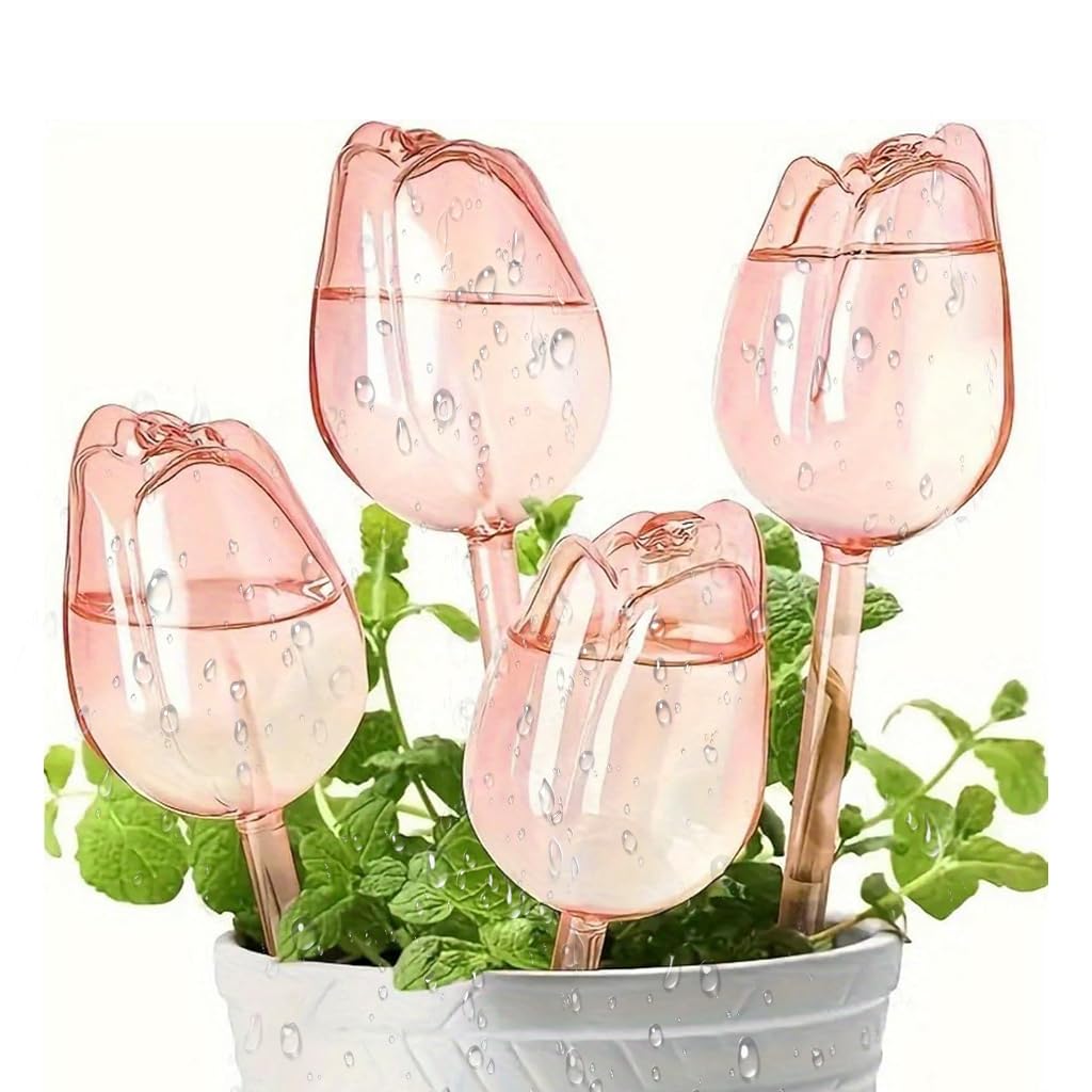 HASTHIP Tulip Waterers Pack of 4 for Indoor and Outdoor Plants featuring Automatic Self Watering Spike in Pink
