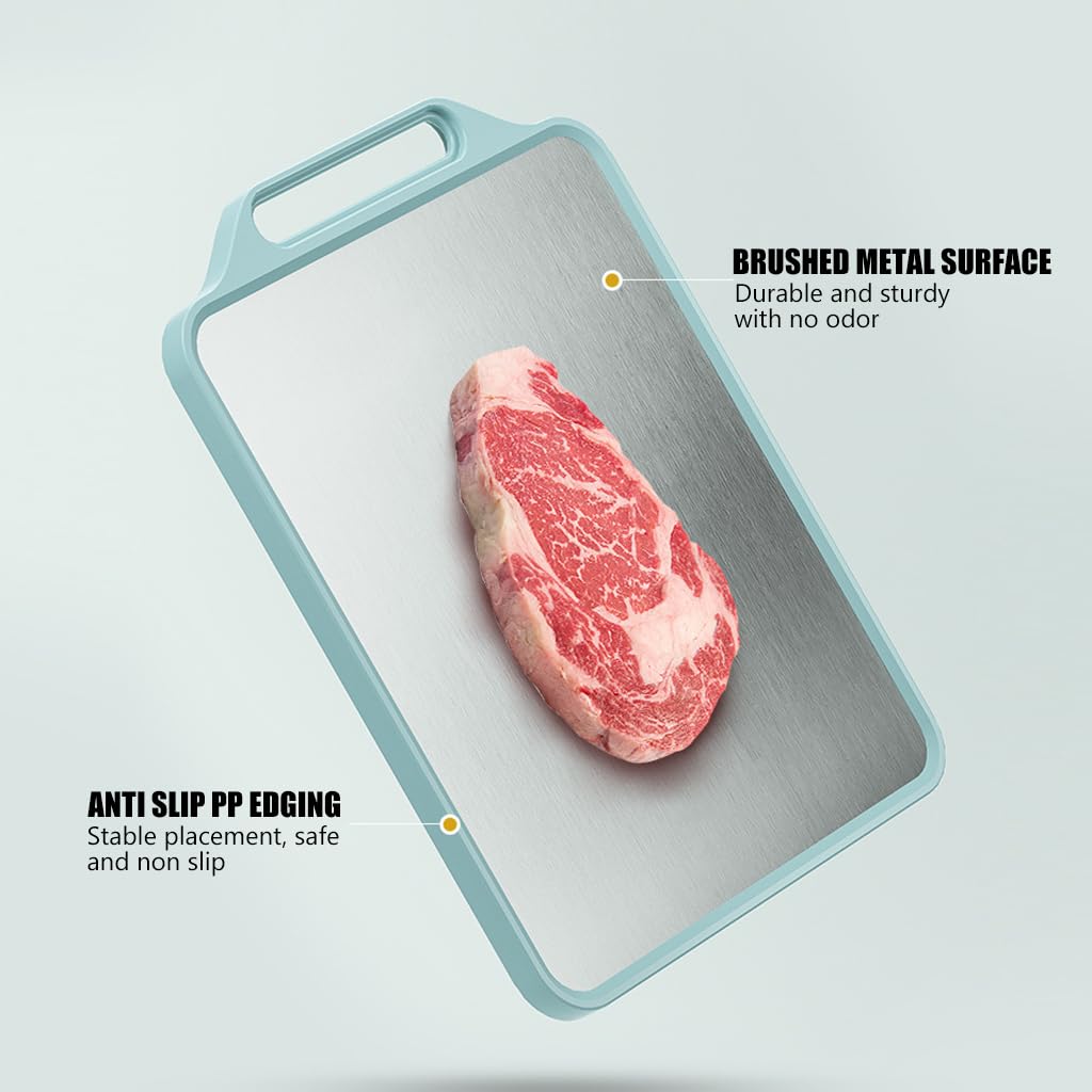 HASTHIP® Double-Sided Cutting Board - Stainless Steel Cutting Board & Wheat Straw Chopping Board for Meat Fruit Veggies,