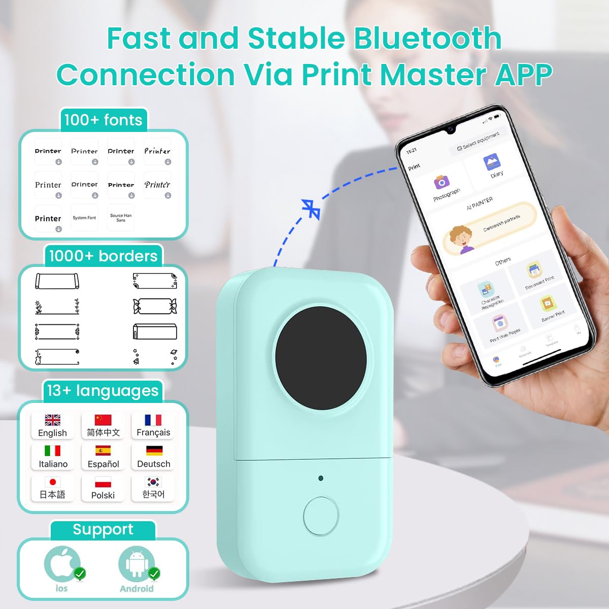 HASTHIP® Label Maker, Wireless Mini Lable Printer Machine, Portable Thermal Sticker Printer with Multiple Templates, Label Marker for Kitchen