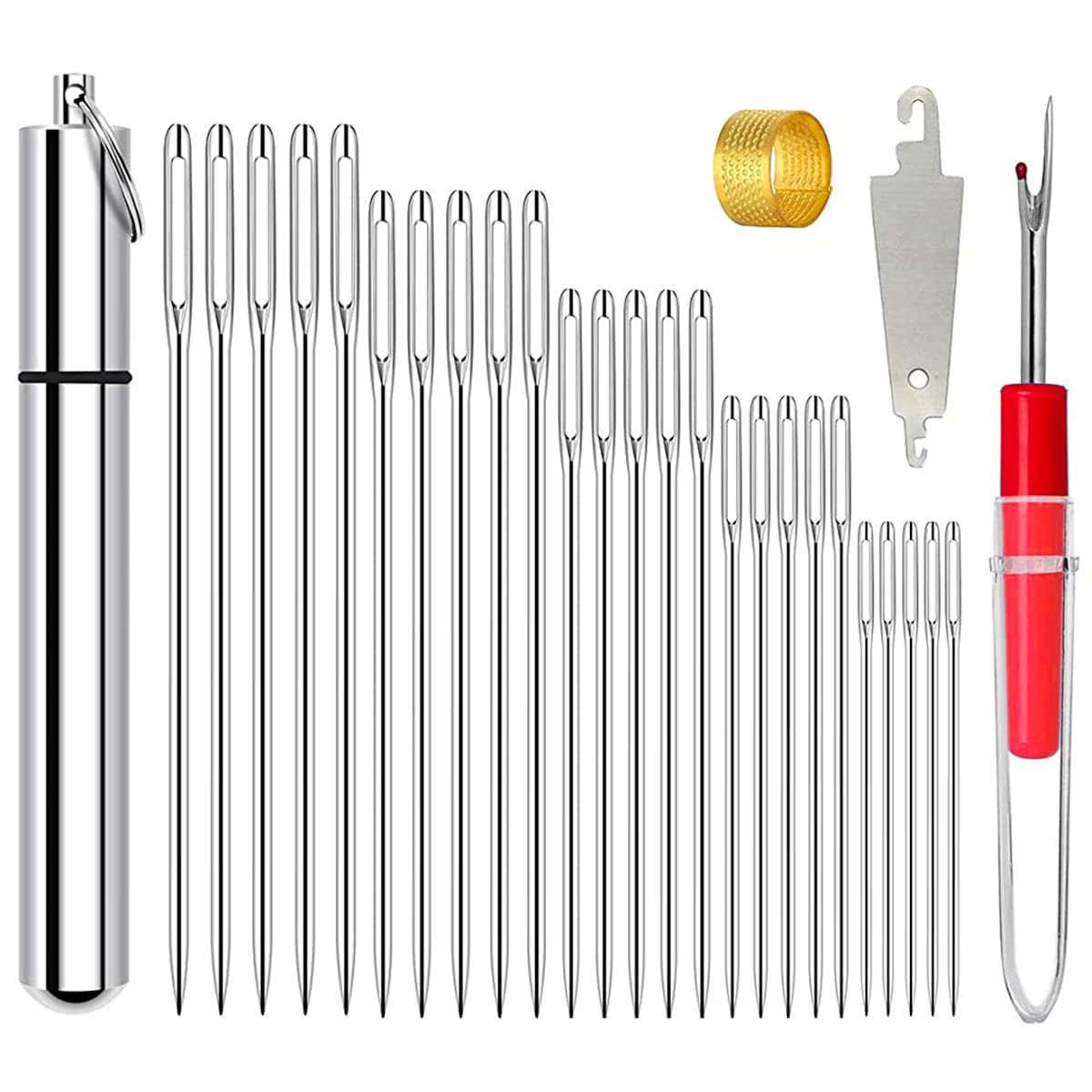 HASTHIP Sewing Needle Set for Leather Craft with Thread Cutter and Thimble | 25pcs 5 Sizes Stainless Steel
