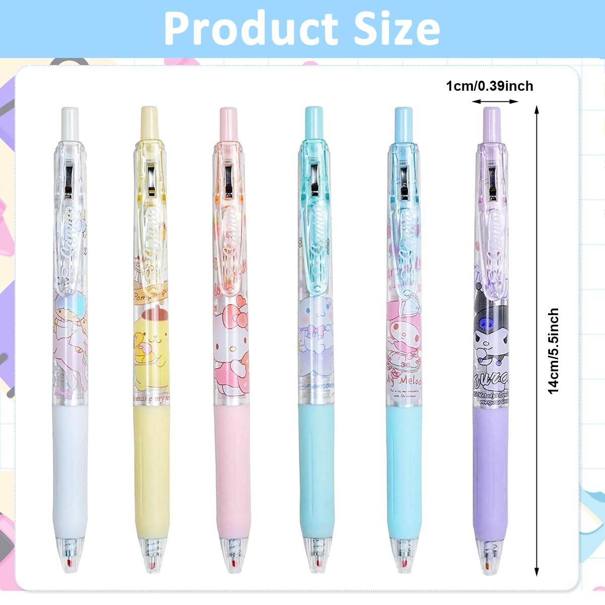 HASTHIP Kawaii Click Pens for School and Office featuring Sanrio Characters 6 Pcs Set | 0.5mm Fine Tip