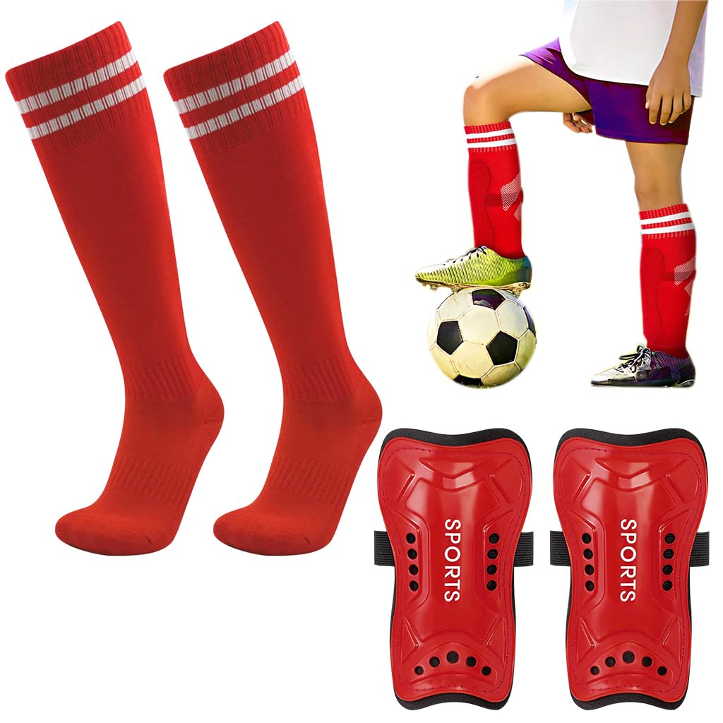HASTHIP® Set de Espinilleras y Calcetines de Compresión Deportivos 3 en 1 para Niños 5-10 Años,Calcetas Largas Antideslizantes con Protección EVA,Transpirables y Elásticas para Fútbol