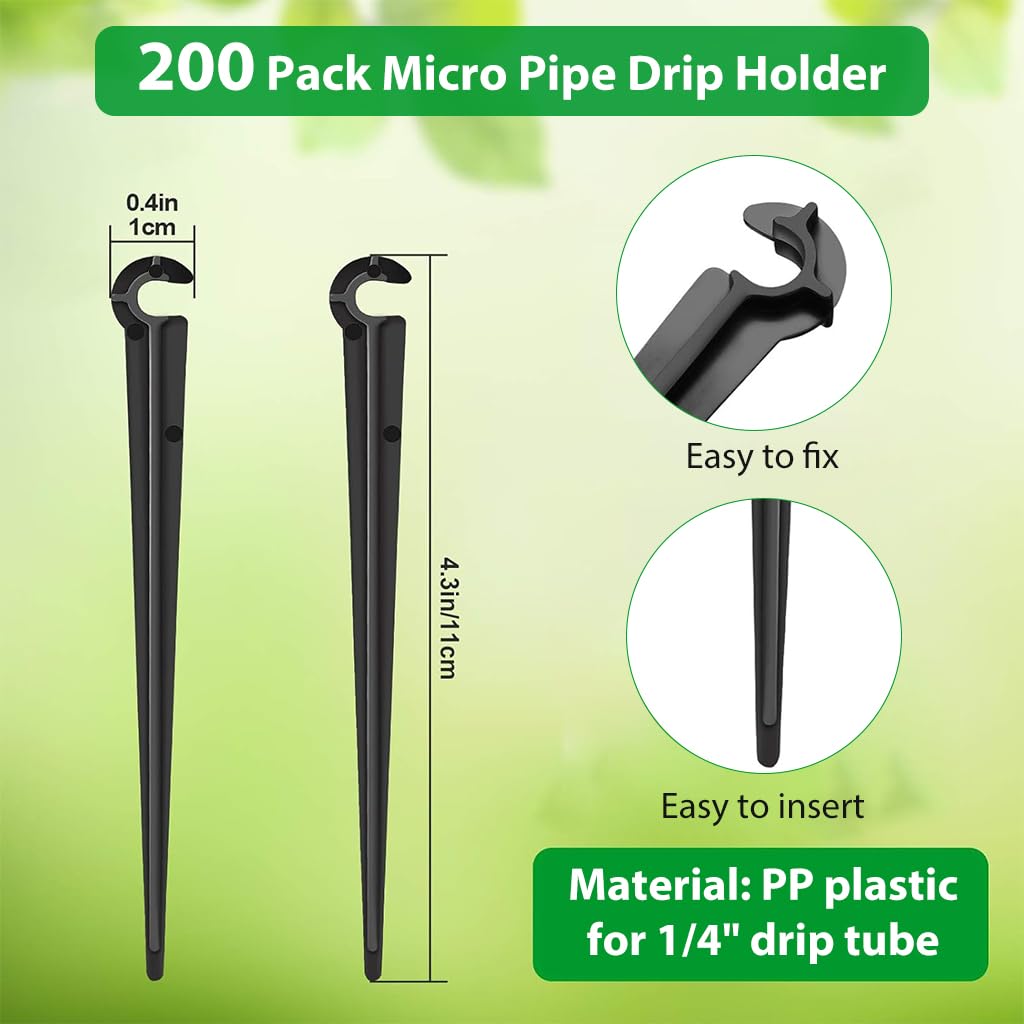 HASTHIP Micro Pipe Drip Holder Support Stakes 200 pcs 4.3 in for Garden and Lawn | UV Resistant Plastic Irrigation Tubing Support
