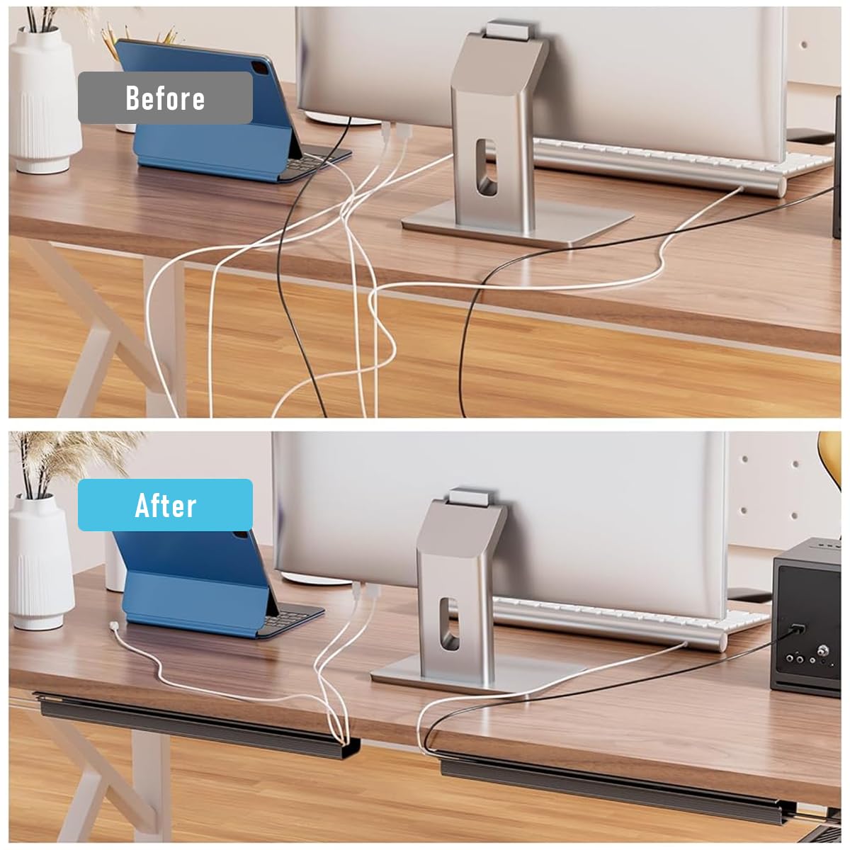 HASTHIP® Cable Management Under Desk 31.5" J Channel Cable Raceway, 2 Pack Cord Hider Desk Cable Tray, No Drilling Under Desk Cable Management Tray