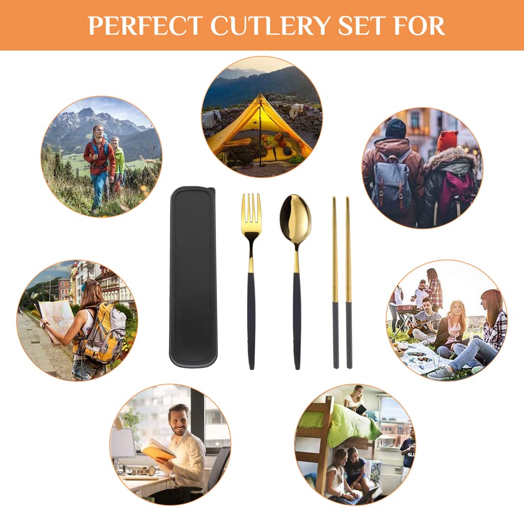 HASTHIP Cutlery Set with 2 Forks 2 Spoons and 2 Pairs Chopsticks 21 cm | Stainless Steel 410 Black Gold Gift Box