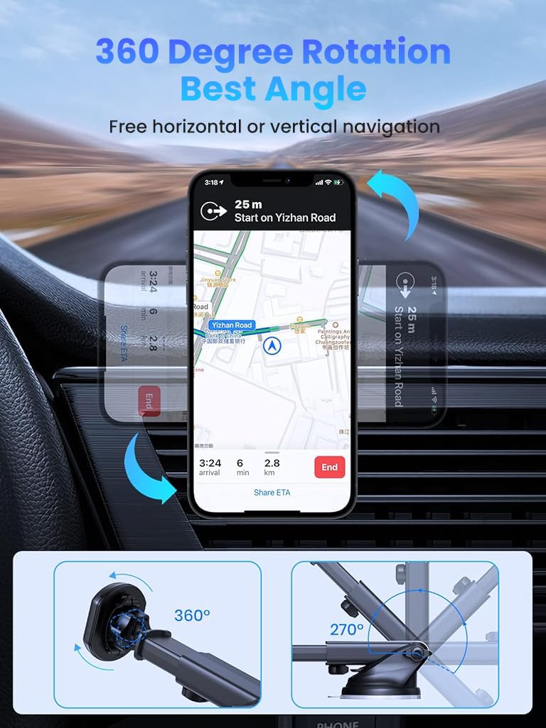 HASTHIP® Car Phone Holder Magnetic Phone Mount Sticky Sucktion Cup Magnetic Phone Mount with Retractable Arm and 360 ° Rotatable Flexible Car Phone Holder Phone Stand for 4-7'' Phone
