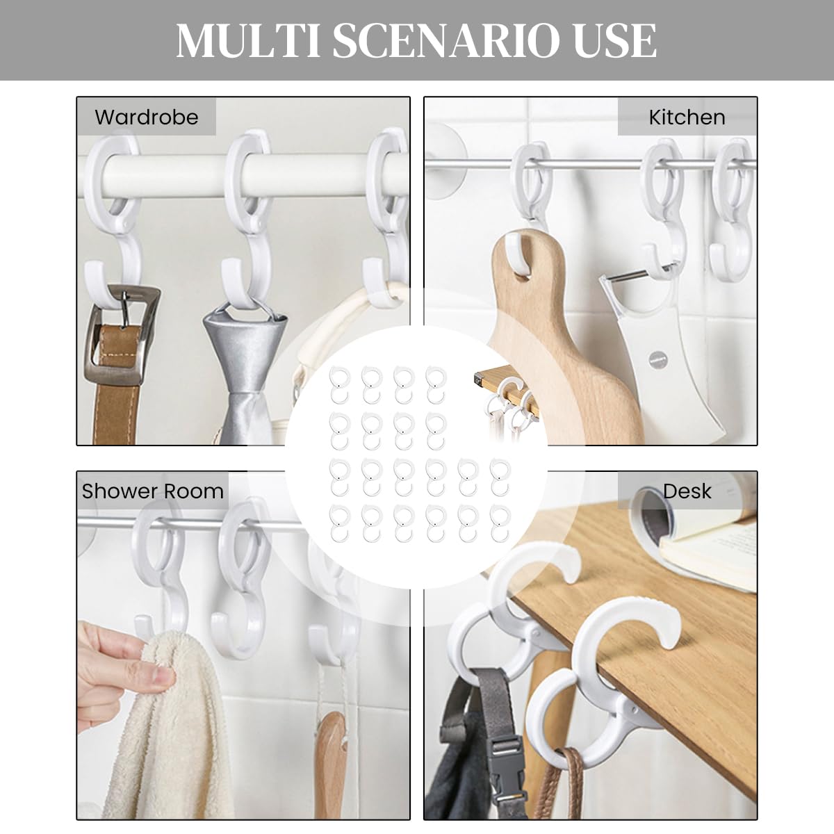 HASTHIP Utility S Hooks for Bike and Household Use with Adjustable Open Loop | 20pcs Plastic Snap-on Design