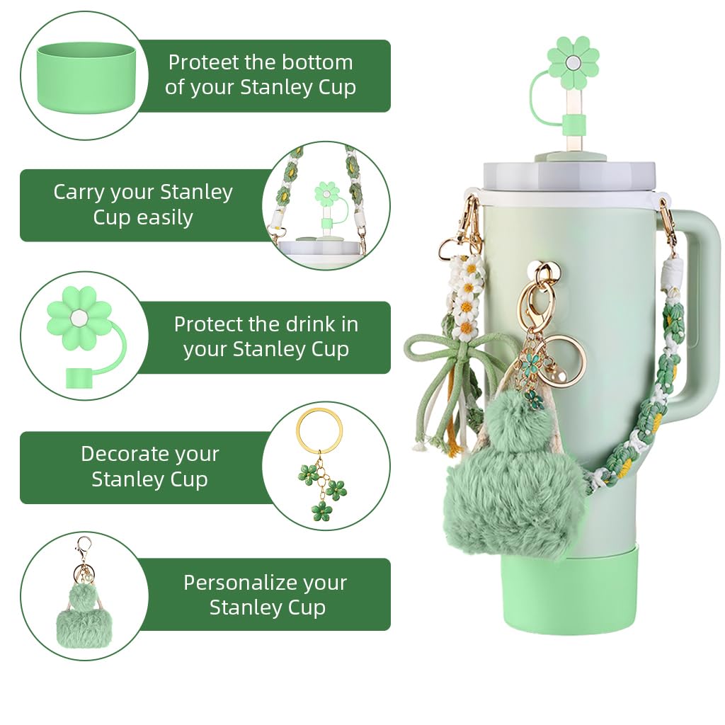 HASTHIP Stanley Cup Accessories Set of 8 for 40oz and 30oz with Crochet Hand Strap | Floral Charms and Silicone Boot