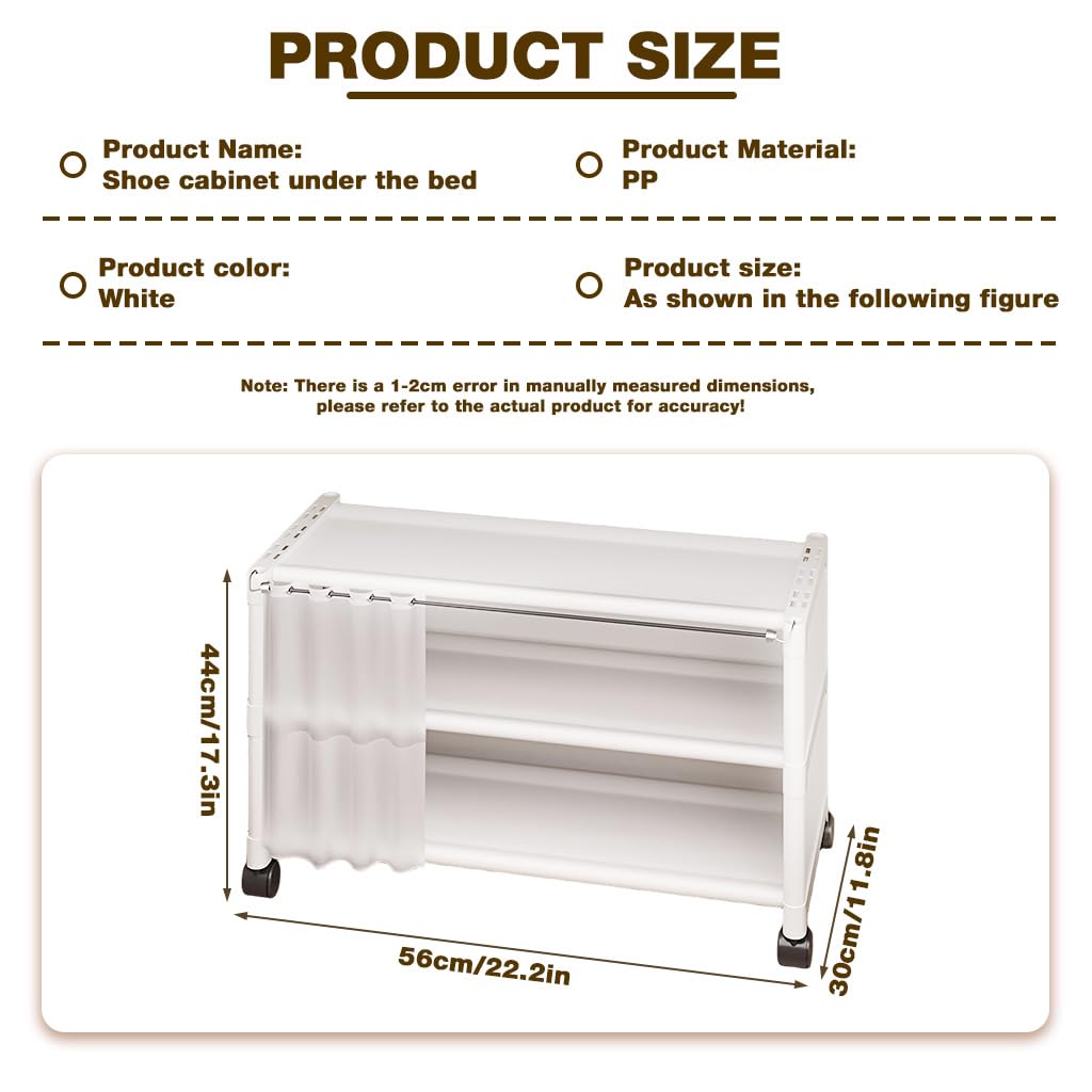 HASTHIP Portable Shoe Rack for Under Bed Storage with Wheels and Dustproof Curtain | 3 Tier Black