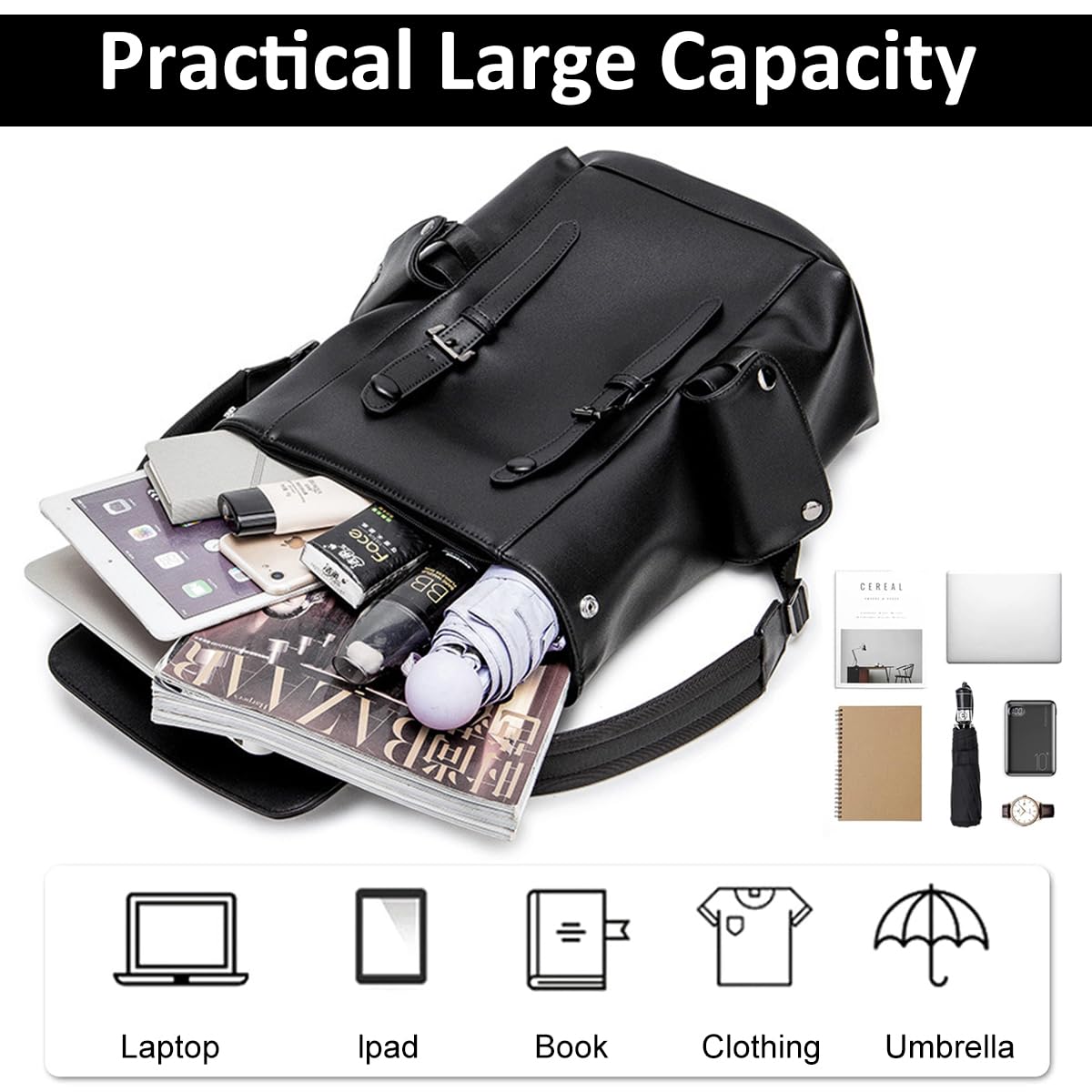 HASTHIP® Leather Backpack for Men Black Laptop Computer Backpack Large Capacity Business Ladies Retro Leisure Travel Backpack