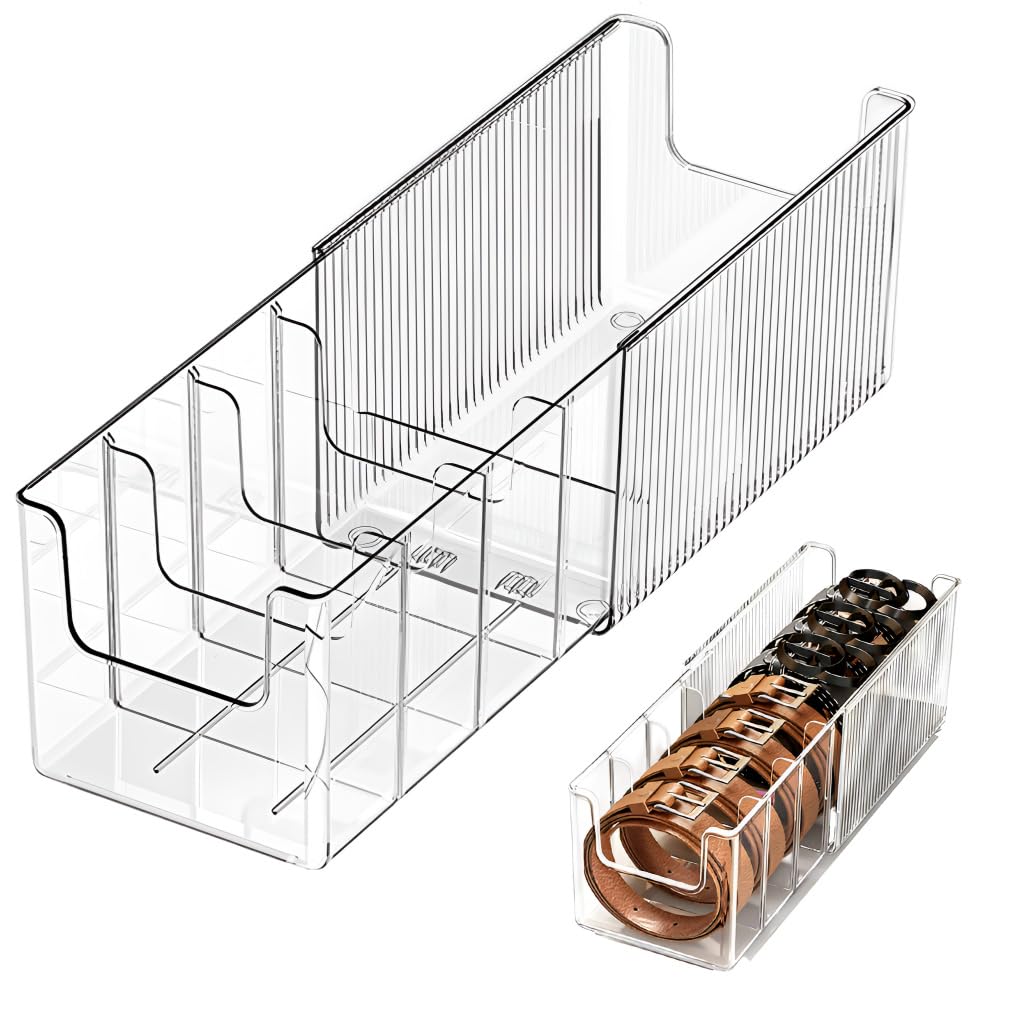 HASTHIP® Expandable Acrylic Belt Organizer, Stackable Belt Storage Organizer for Drawer Storage with Removable Dividers, Clear Display Case for Ties, Socks, Underwear