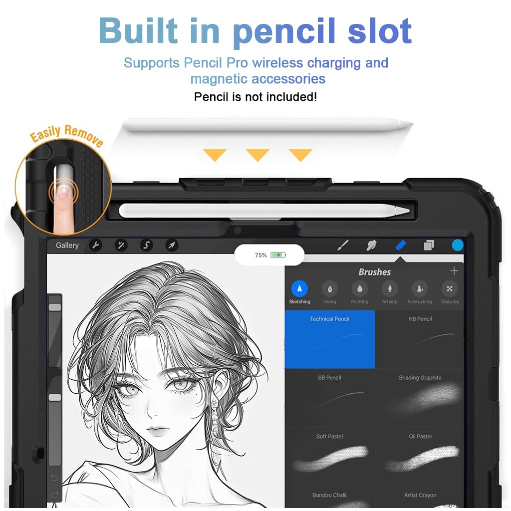 HASTHIP® Case for iPad Air 11 2025/2024 M3/M2/Air 5th/4th Gen 10.9/Pro 11 4th/3rd Gen with Pencil Holder 360° Kickstand & Adjustable Hand Grip Strap Dual Pen Storage Design Travel Silicone Cover