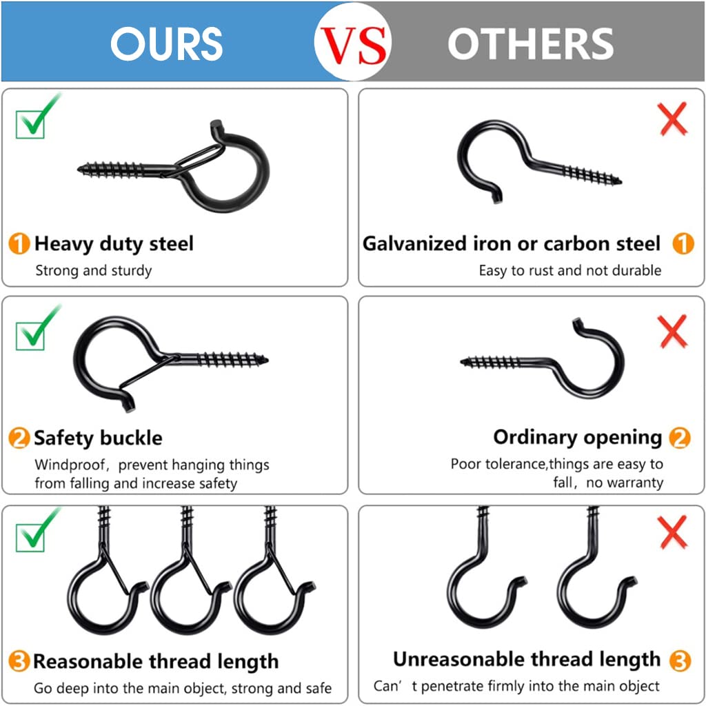 HASTHIP 20Pcs Screw Wall Hooks for Outdoor String Lights, Outdoor Hooks for Light Eye Hooks Screw-in Cup Hooks Ceiling Hooks with Safety Buckles, Hanging Hooks for Plants Pot (Black)