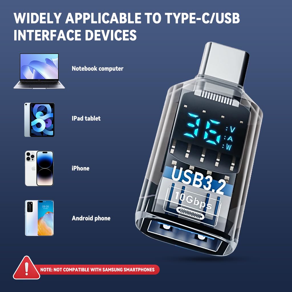 USB C to USB Adapter with Digital Display Voltage Current Power Meters, 10Gbps USB C