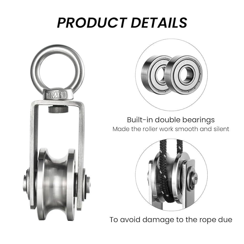 HASTHIP® Polea de Cable Inoxidable 304,Rueda de Polea Elevación con Rodamiento Suave,Capacidad Carga 551lbs Diseño con Bucle para Mecanismos Elevación y Manualidades DIY