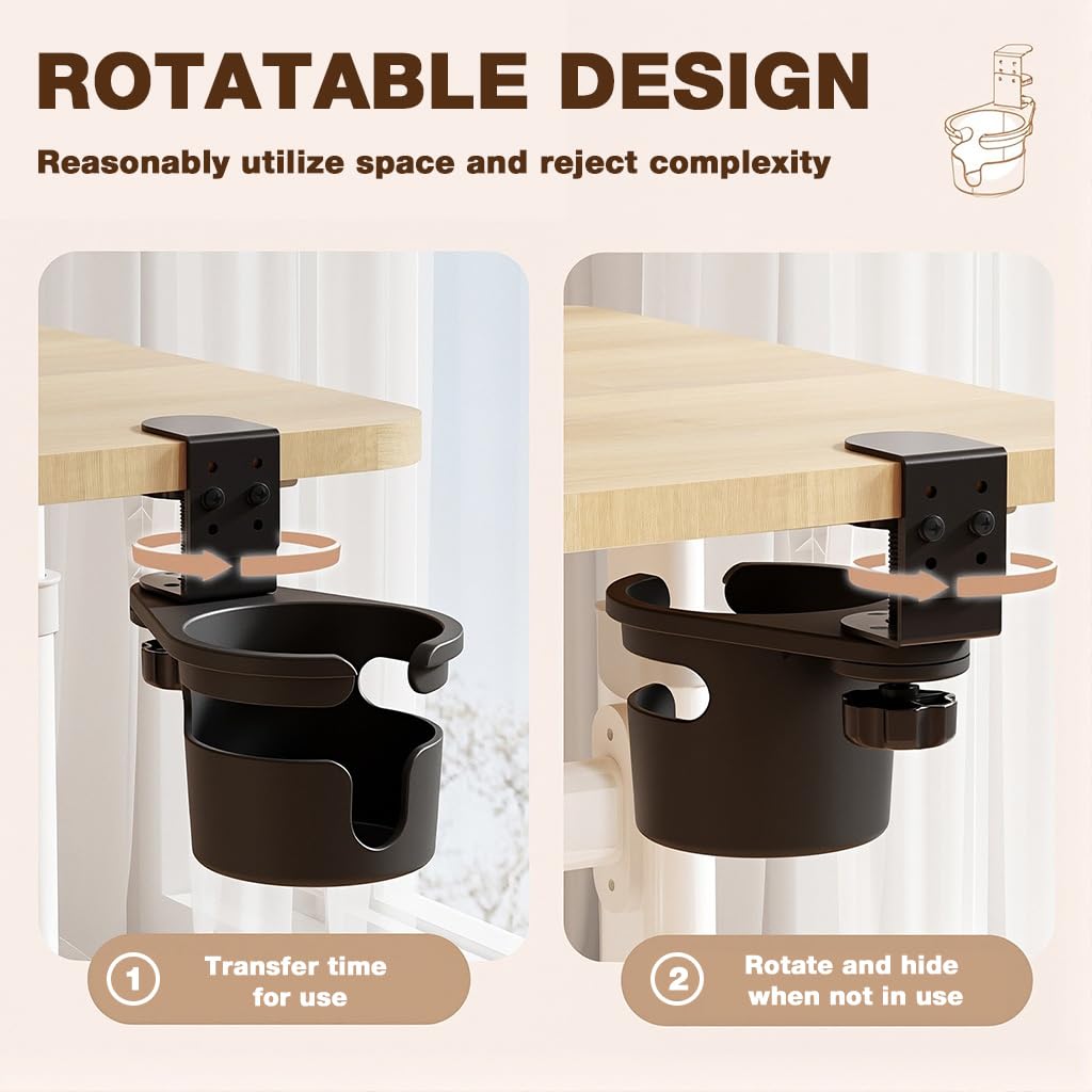 HASTHIP Desk Cup Holder for Home and Office with Swivel Design and Screw-Fix Clamp | Black Silicone Spill-Proof Drink Holder