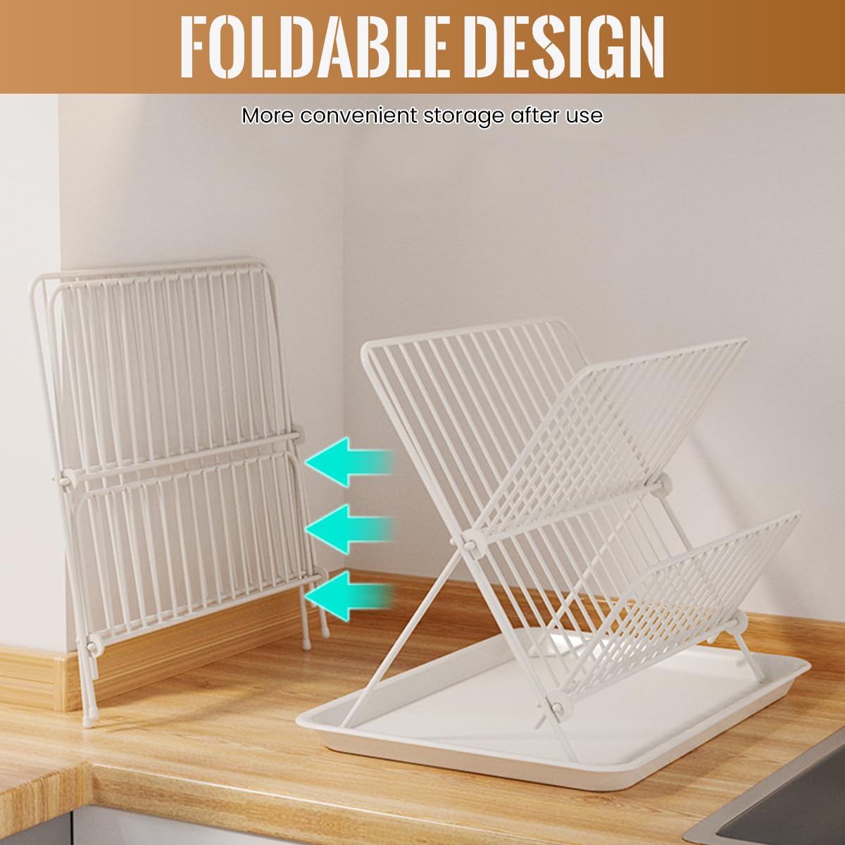 HASTHIP Dish Drying Rack for Kitchen with 2 Tier X Shaped Design and Stainless Steel | Foldable White Drainer with Drainboard