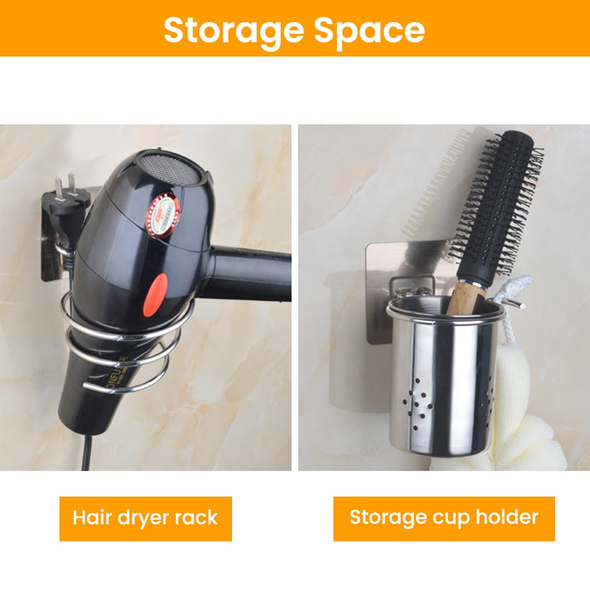 HASTHIP Hair Dryer Holder for Bathroom with Spiral Wire Mount and Self Adhesive Stainless Steel Design