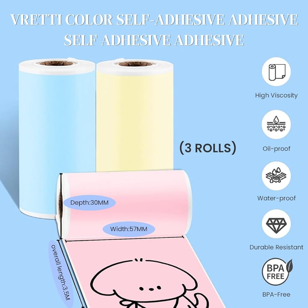 HASTHIP® 3 Rolls Colorful Adhesive Thermal Printer Labels 57x25mm, Self-Adhesive Pink Blue Yellow Sticker Paper, Compatible with Mini Bluetooth Thermal Label & Pocket Printers