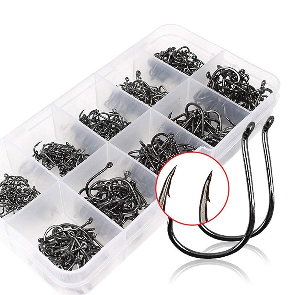Proberos 500pcs High Carbon Steel Fishing Hooks with Plastic Box, 10 Sizes Fish Hook with Barbs for Freshwater/Seawater, 3# - 12#(50pcs/ Size)