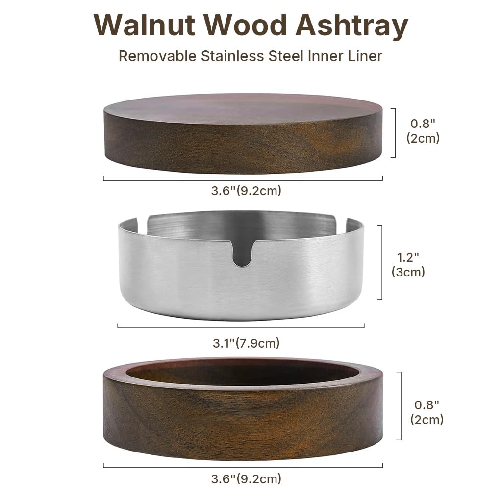 HASTHIP Wooden Ashtray with Lid Removable Stainless Steel Inner Liner
