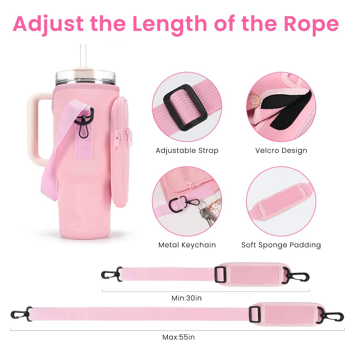 HASTHIP Water Bottle Carrier Bag for Stanley 30 oz Tumbler with Phone Pocket Holder Pink 3PCS