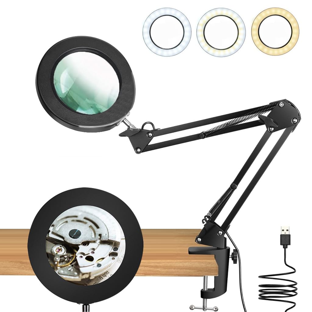 HASTHIP Desk LED Magnifier for Repairing and Crafting with 10X Lens & Flexible Arm Clamp | USB 3-Color Light