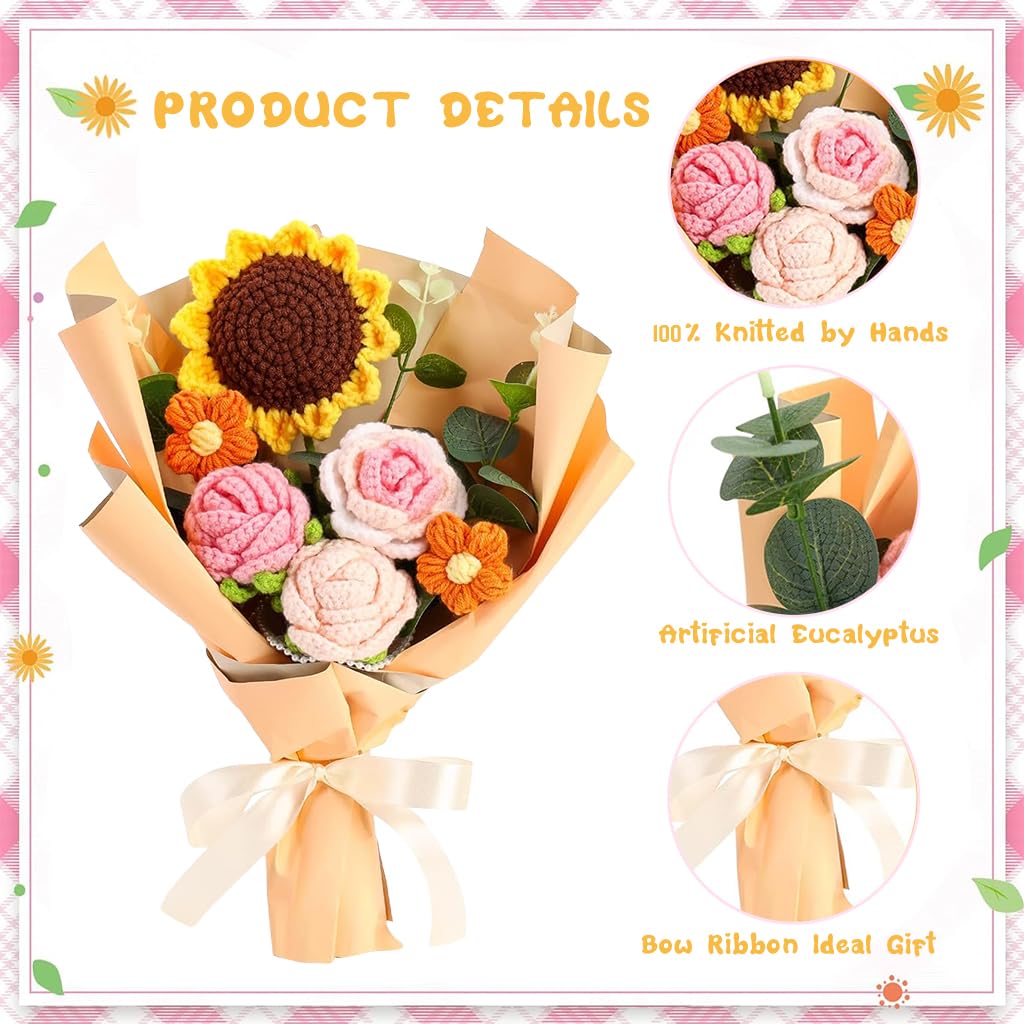 HASTHIP Crochet Flower Bouquet for Desk Decoration with 6 Fabric Sunflowers and Roses | Box Gift for Women