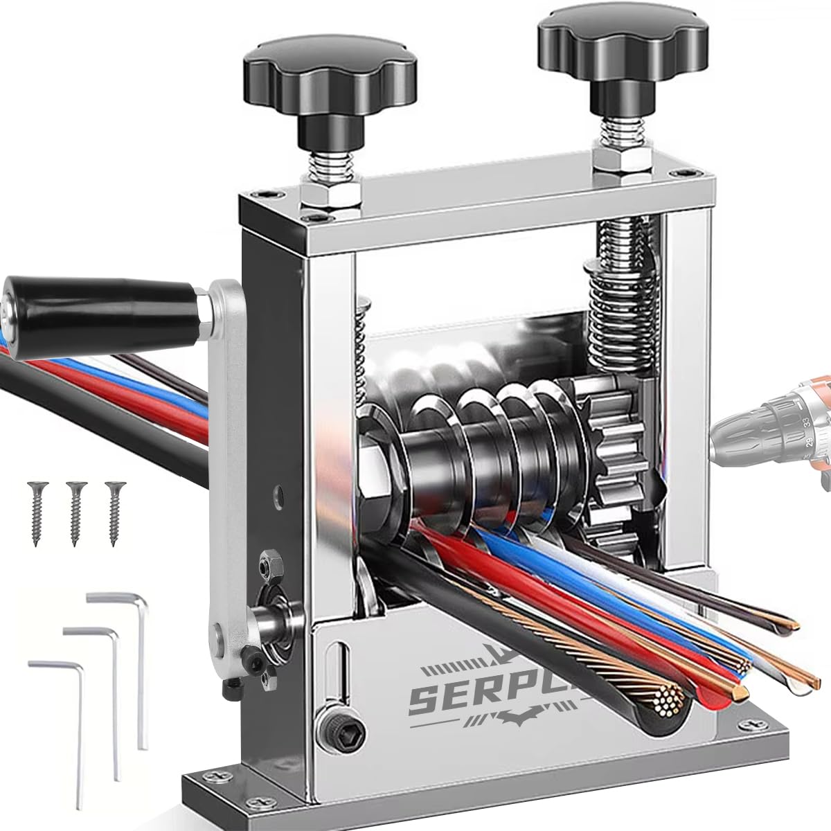 Serplex® 6-IN-1 Manual Wire Stripper Machine Drill-Operated Wire Stripper Tool with Hand Crank 3-17mm Dia Cable, Manual Wire Stripping Machine with 6 Tracks & 5 Carbide Blade, for Wire Stripping