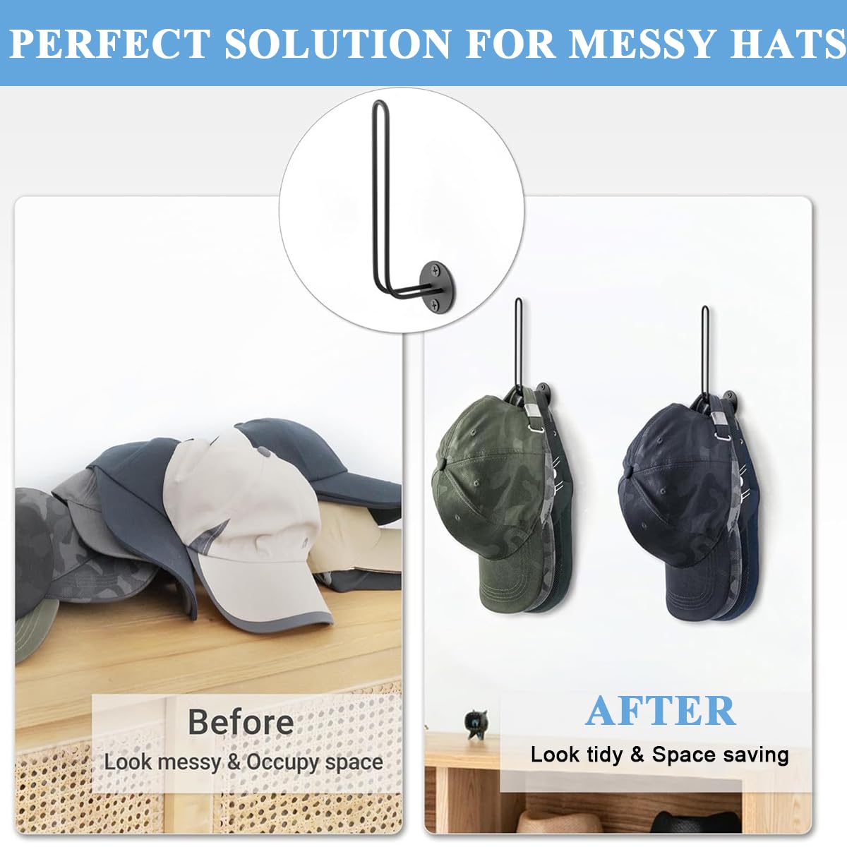 HASTHIP® Wall Hat Organizer L-shaped Baseball Caps Holder Screw-mounted Hat Organizer for 10 Caps Minimalism Metal Cap Holder for Door, Closet, Bedroom