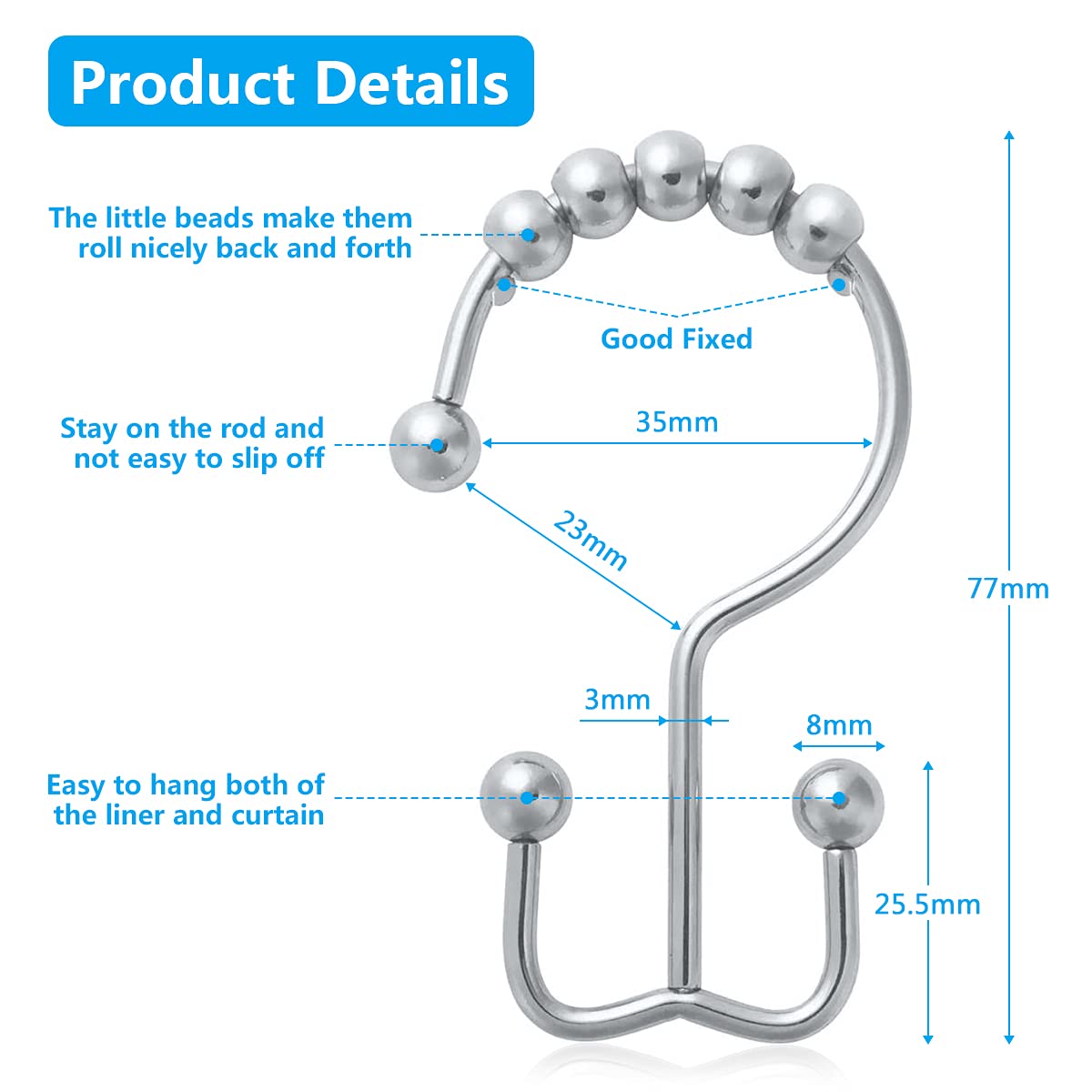 Bathroom Curtain Hooks,Stainless Steel Hook for Curtains,Rust-Resistant Metal Double Hooks Curtain Rings,Rolling Shower Curtain Hooks for Bathroom Shower Curtain Rods Curtains, Set of 10