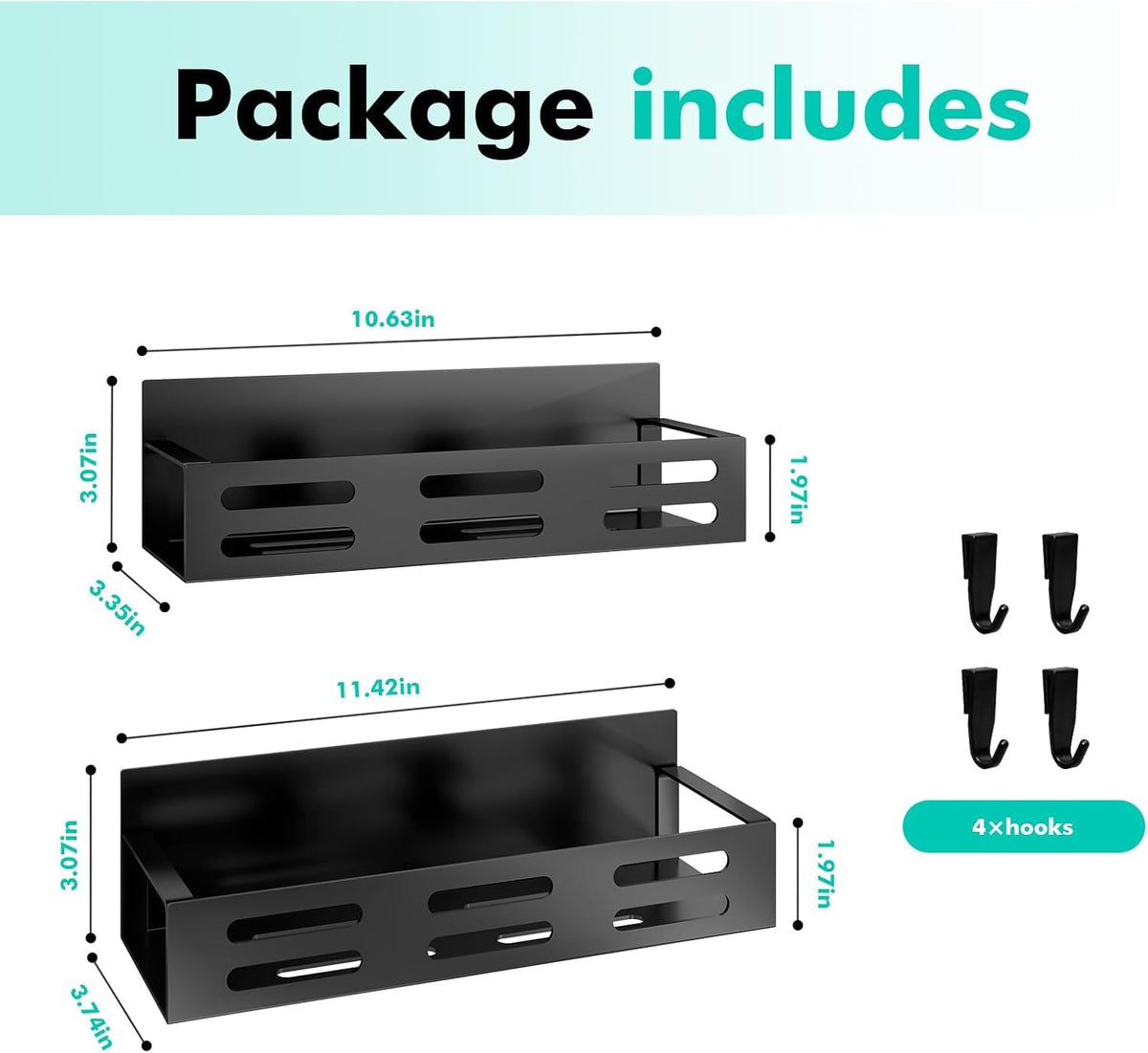HASTHIP Spice Rack for Refrigerator featuring Dual Size Magnetic Racks 10.66 and 11.4 in | Black Storage Shelves for Kitchen and Bathroom