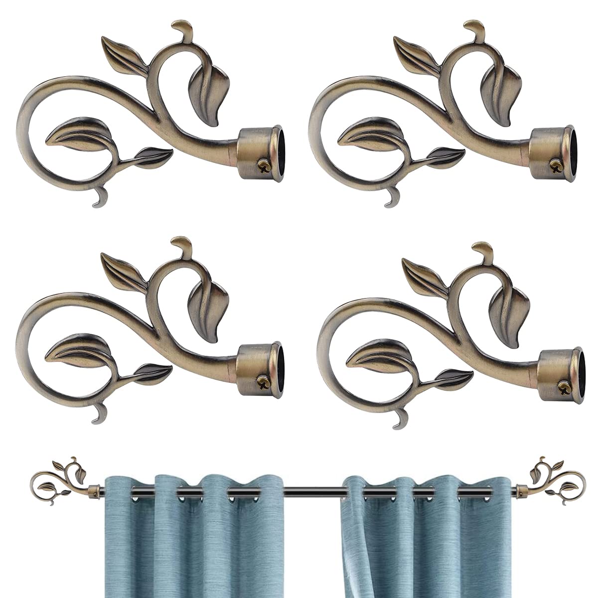 HASTHIP Curtain Rod Finials for 20–22.5mm Rods with Leaf Branch Design in Brass | Set of 4