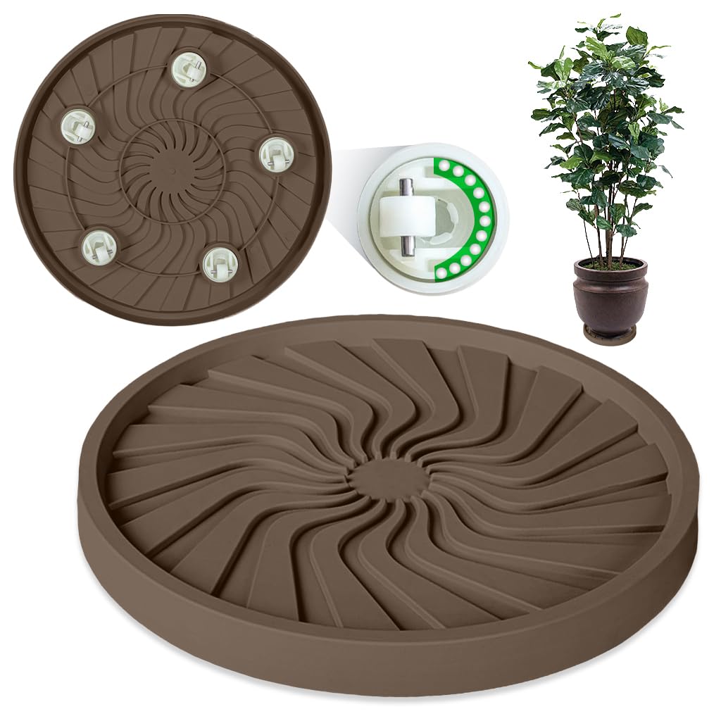 HASTHIP Plant Pot Stand for Indoor and Outdoor Use with 360° Wheels and Spiral Ridged PP Tray | 37 cm Round Brown