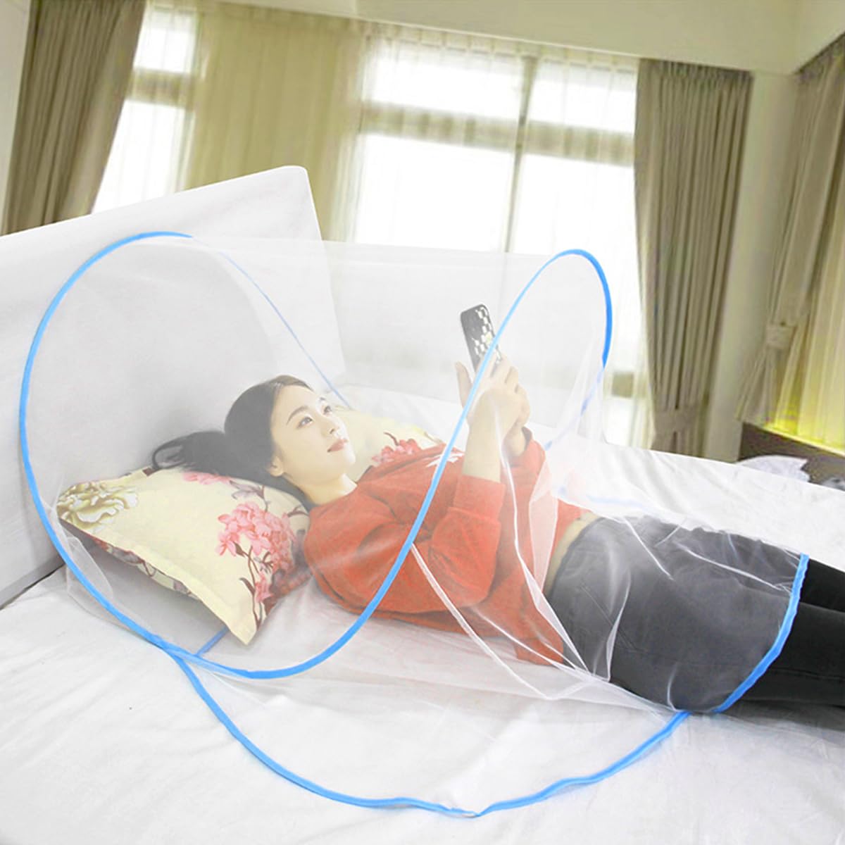 HASTHIP Foldable Mosquito Net for Single Bed with Arch Frame and Storage Bag 80×140×56 cm