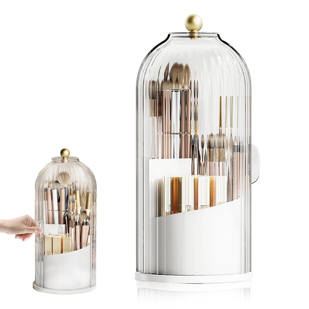HASTHIP® Organizador Giratorio de Maquillaje con Tapa Transparente,Soporte de Brochas 360° Rotativo con 3 Compartimentos,Almacenamiento a Prueba Polvo para Brochas Cosméticas Tocador