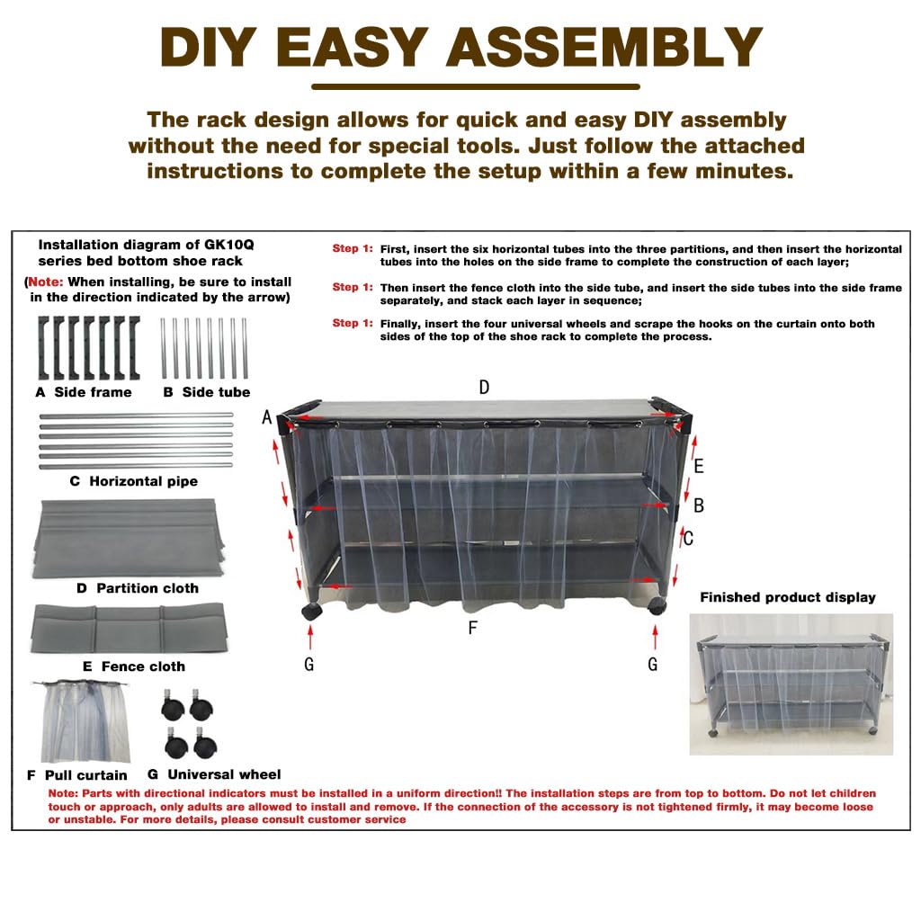 HASTHIP Portable Shoe Rack for Under Bed Storage with Wheels and Dustproof Curtain | 3 Tier Black