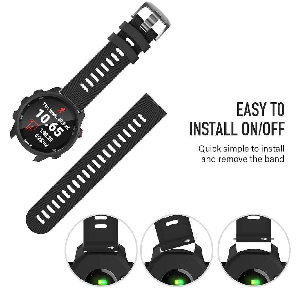 HASTHIP® Silicone Watch Strap Fashion Black Watch Band for Forerunner 645/245 Universal 20mm Width Watch Straps Adjustable Wristband Watch Bands for Galaxy Watch 5/5 Pro Galaxy Watch 4 Vivoactive 3