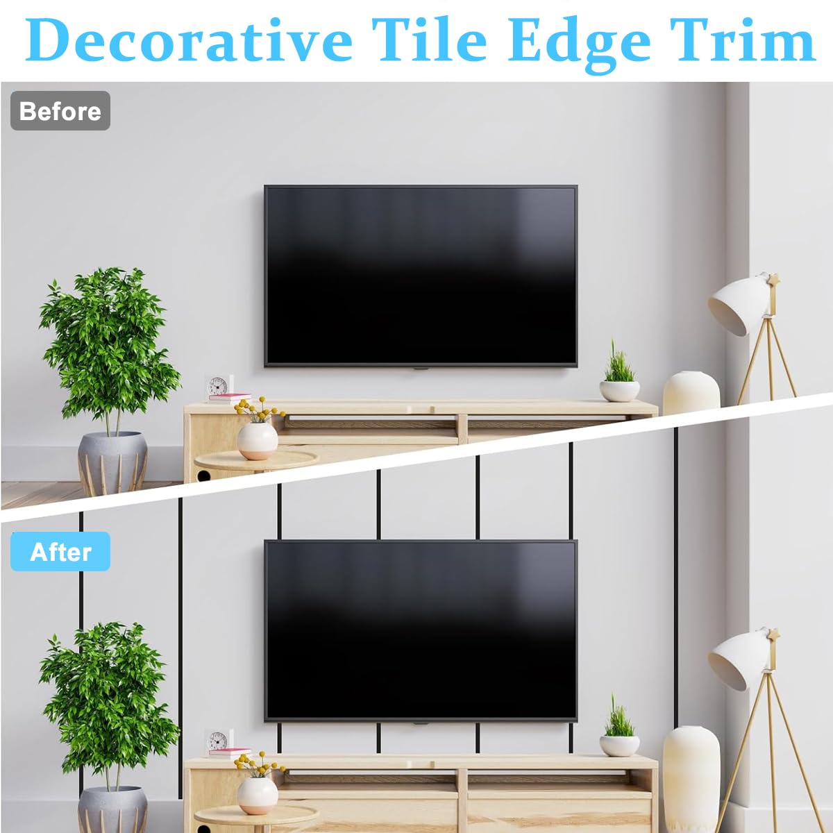 16.4ft Black Metal Trim Wall Strip, 201 Stainless Steel Self Adhesive Peel and Stick Wall Trim Metalized Mirror-Like Finish for Wall Ceiling Floor Cabinet Tile Edge Moulding (Black)