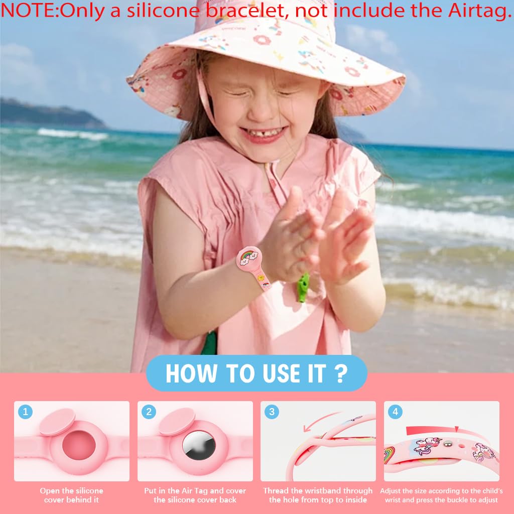 HASTHIP® Kids AirTag Bracelet Cartoon Rainbow Silicone Bracelet for AirTag Anti-lost Waterproof Full Cover Protection Silicone Cover for 9 Inches Adjustable Wrist Band