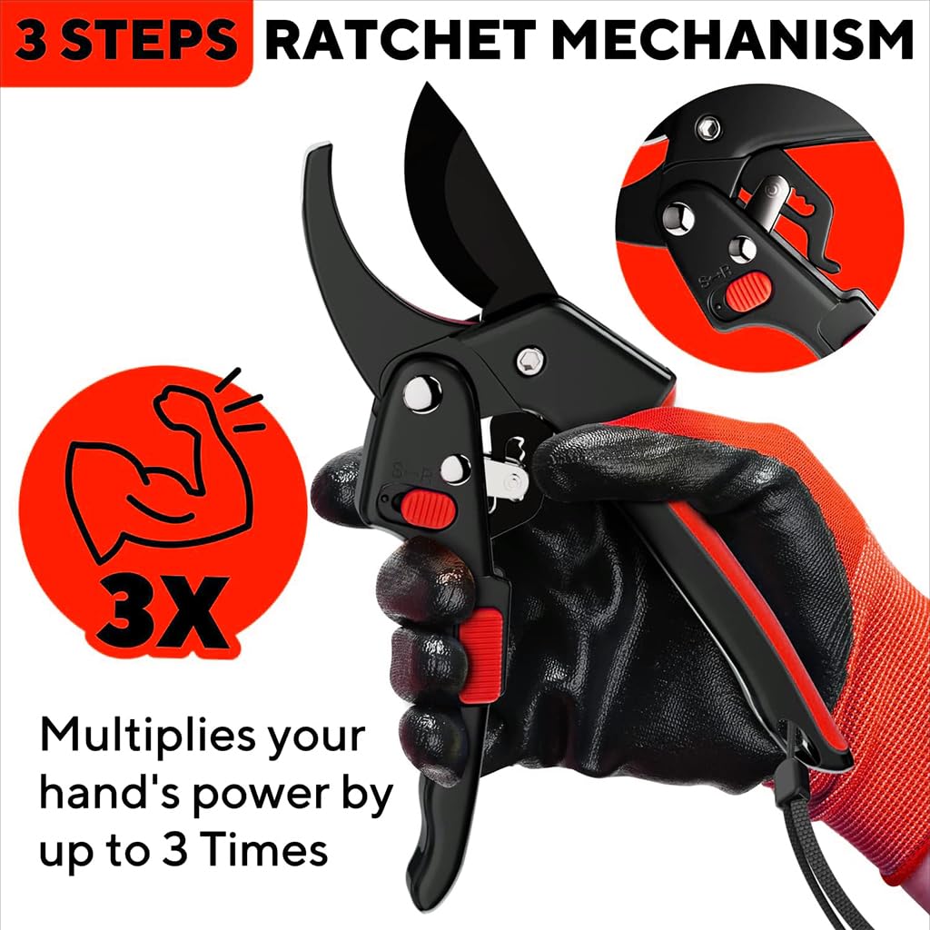 HASTHIP Gardening Scissor for Lawn and Potted Plants with Ratchet Mechanism and SK5 Blade | Ergonomic Handle 3/4 in Branch Cutter
