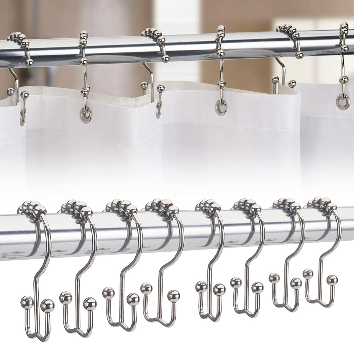 Bathroom Curtain Hooks,Stainless Steel Hook for Curtains,Rust-Resistant Metal Double Hooks Curtain Rings,Rolling Shower Curtain Hooks for Bathroom Shower Curtain Rods Curtains, Set of 10