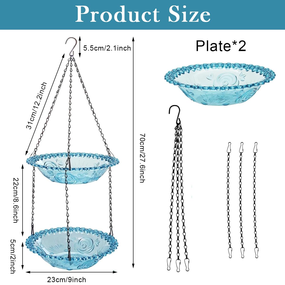 HASTHIP Garden Hanging Bird Bath for Outdoor Use with 70CM Double Layer Bowls | Crystal Blue Decor