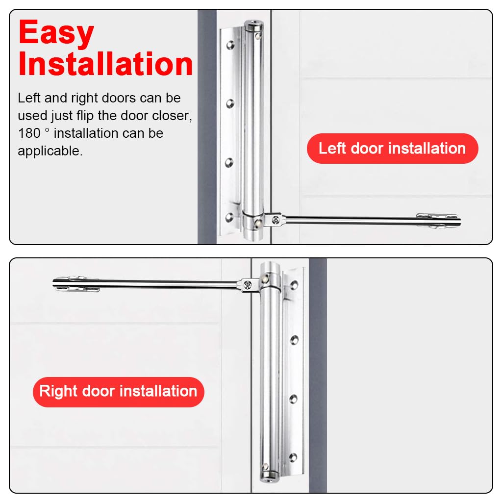 2 Pack Door Closer, Spring Loaded Automatic Door Closer, Stainless Steel Door Closer with Folding Spring Arm, Surface Mounted Door Closer with Accessories Tools for Home, Office, Hotel Door