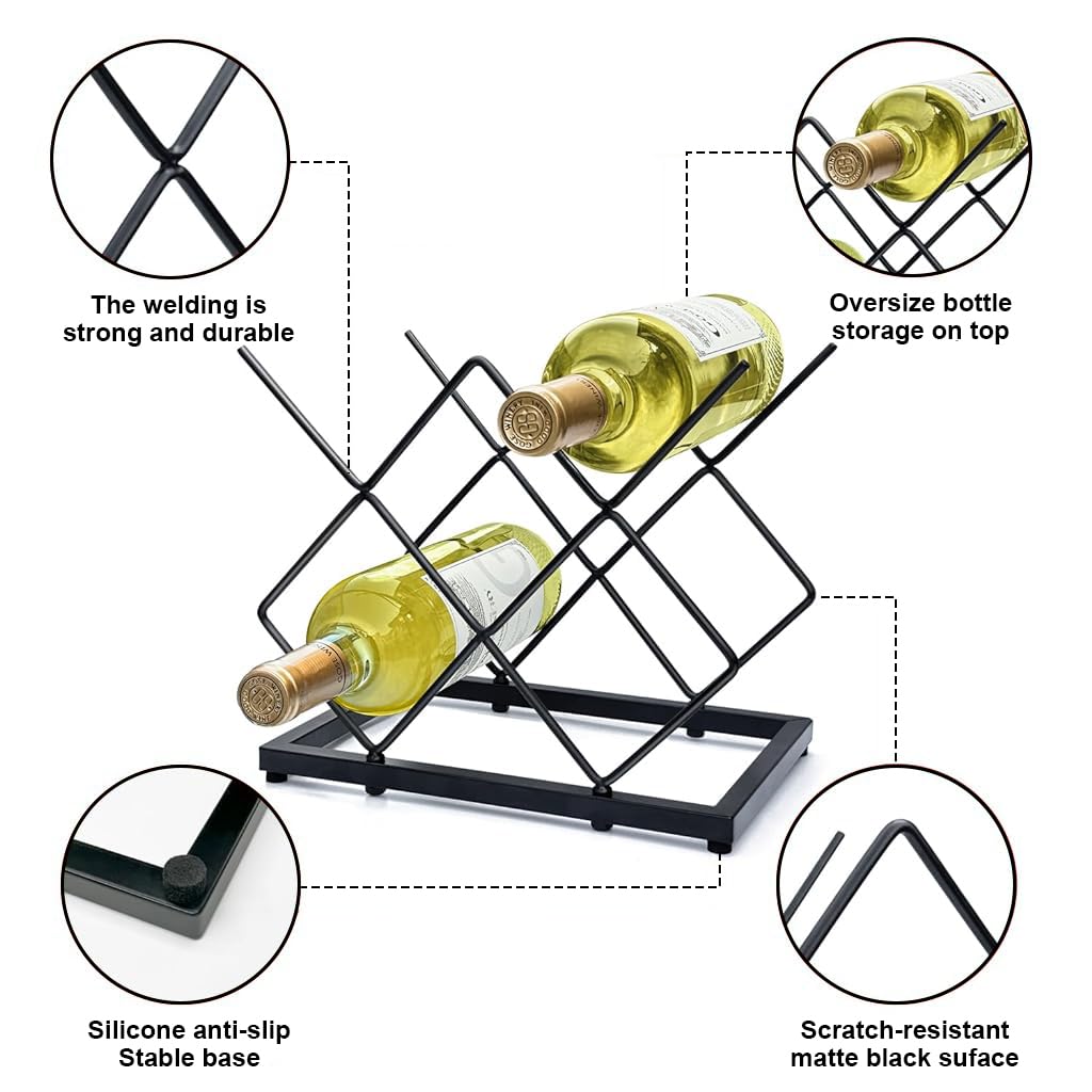 HASTHIP Small Wine Rack for Countertop 5 Bottle Storage with 6.5mm Iron Frame | Modern Black Display